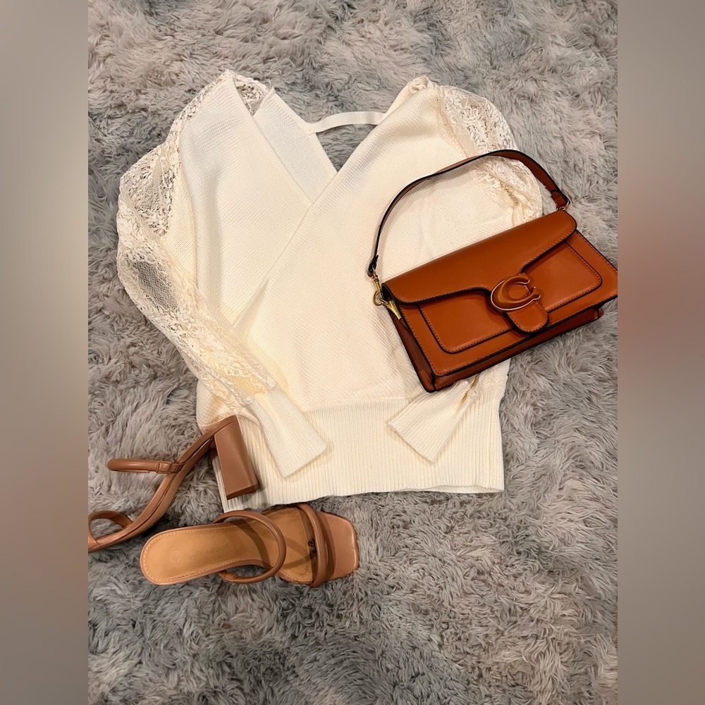 Lace, open back white sweater